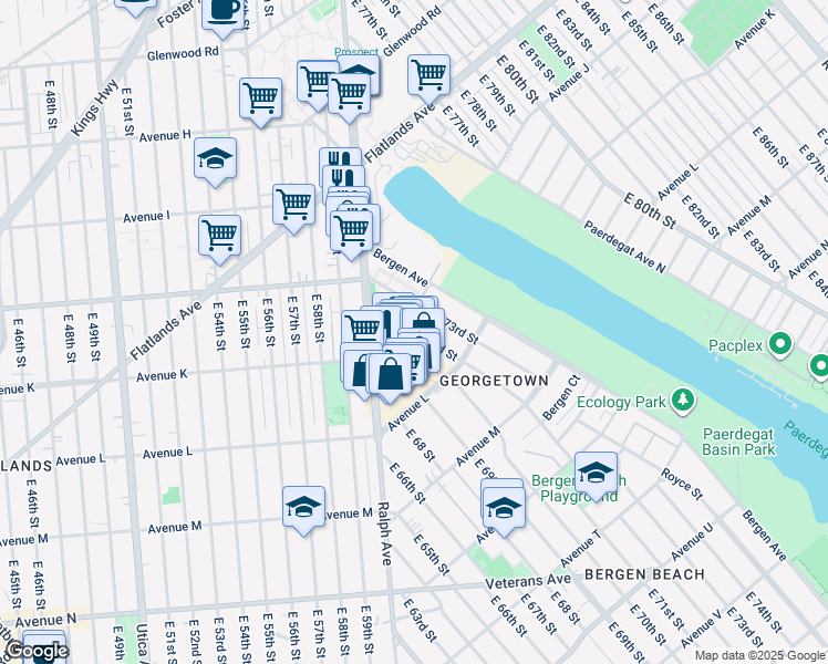 map of restaurants, bars, coffee shops, grocery stores, and more near 1097 East 72nd Street in Brooklyn