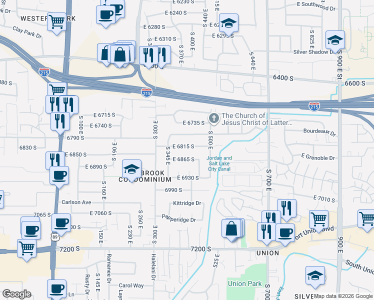 map of restaurants, bars, coffee shops, grocery stores, and more near 425 East 6815 South in Midvale