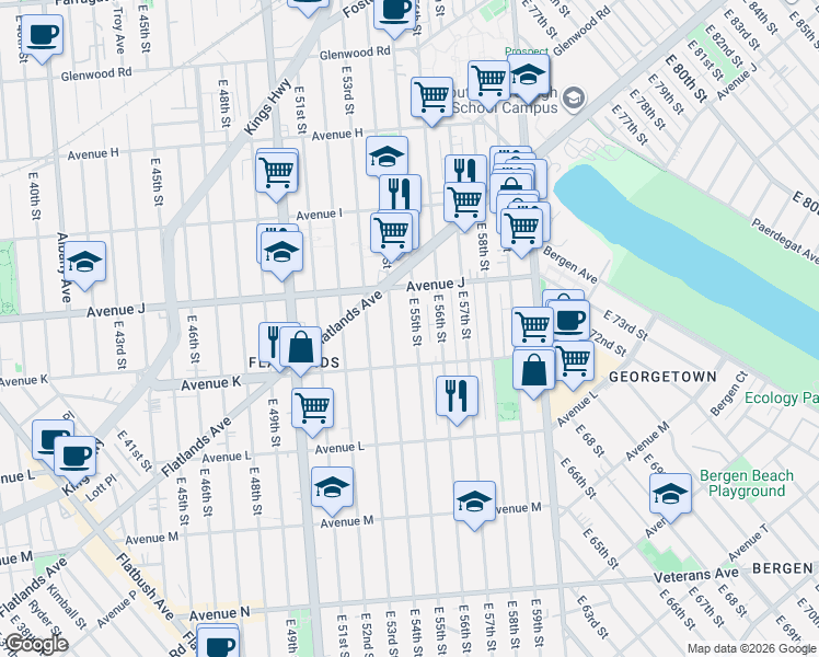 map of restaurants, bars, coffee shops, grocery stores, and more near 1208 East 55th Street in Brooklyn