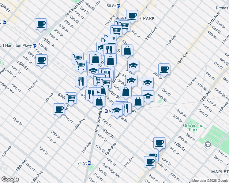 map of restaurants, bars, coffee shops, grocery stores, and more near 1430 59th Street in Brooklyn