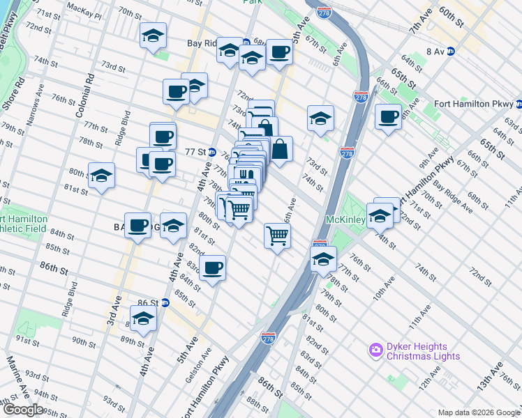 map of restaurants, bars, coffee shops, grocery stores, and more near 543 77th Street in Brooklyn