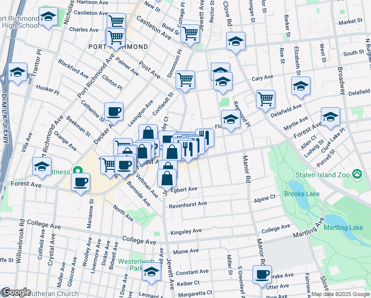 map of restaurants, bars, coffee shops, grocery stores, and more near 106A Llewellyn Place in Staten Island