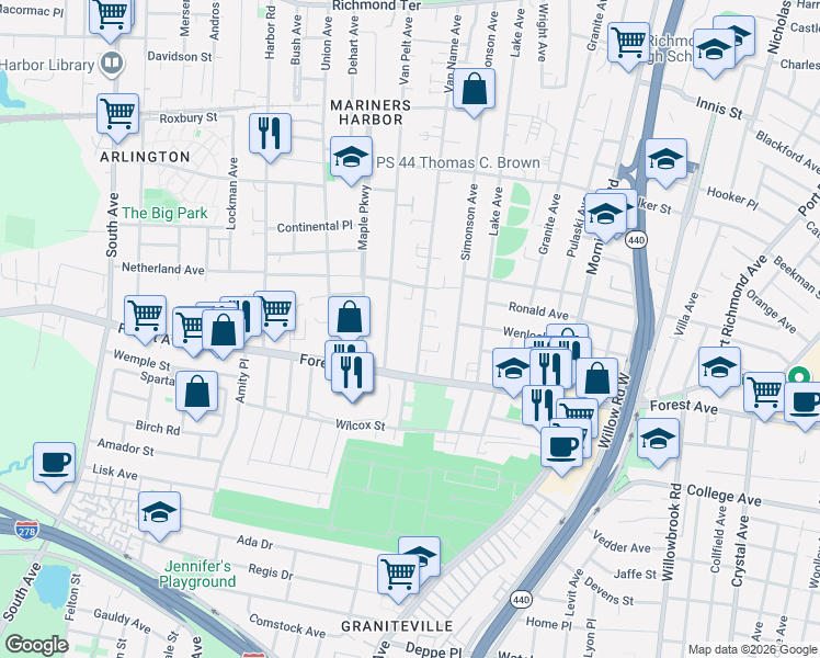 map of restaurants, bars, coffee shops, grocery stores, and more near 339 Van Pelt Avenue in Staten Island