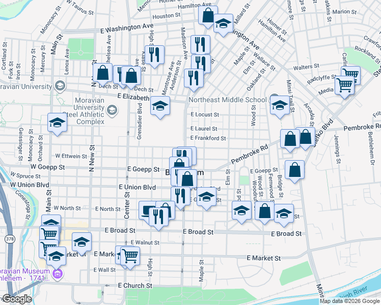 map of restaurants, bars, coffee shops, grocery stores, and more near 266 East Fairview Street in Bethlehem