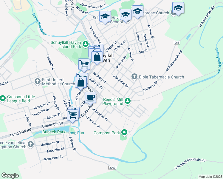 map of restaurants, bars, coffee shops, grocery stores, and more near 300 Saint John Street in Schuylkill Haven