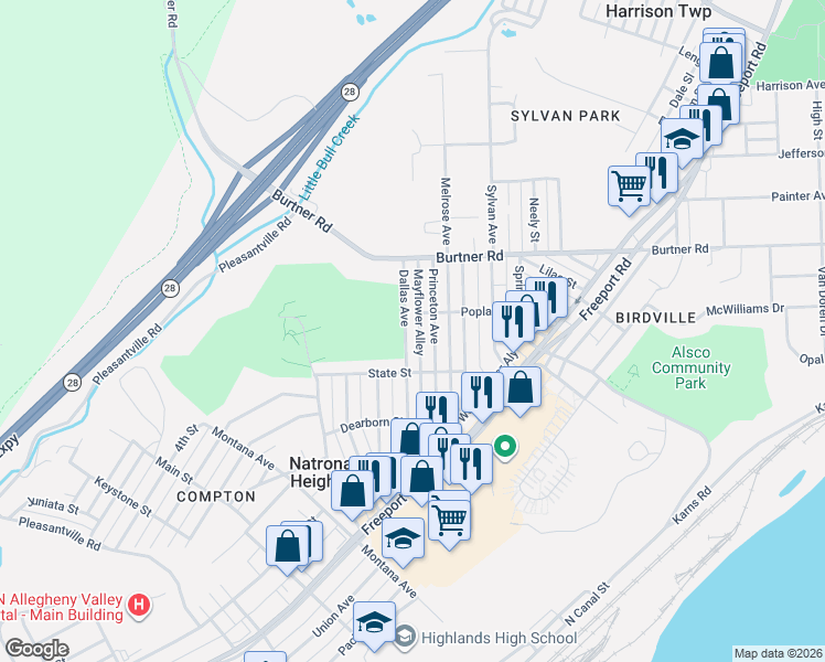 map of restaurants, bars, coffee shops, grocery stores, and more near 1322 Dallas Avenue in Natrona Heights