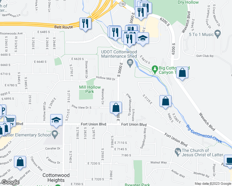 map of restaurants, bars, coffee shops, grocery stores, and more near 6798 Pine View Circle in Cottonwood Heights