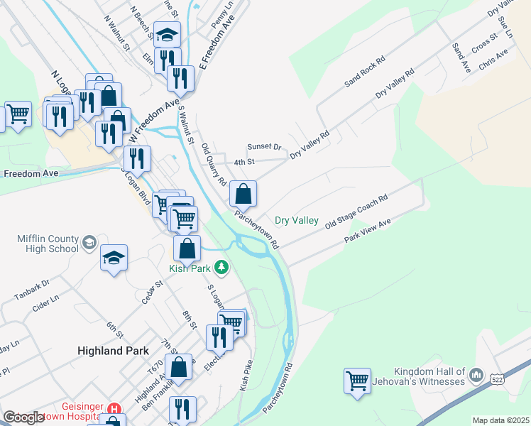 map of restaurants, bars, coffee shops, grocery stores, and more near 100 Orchard Grove Avenue in Lewistown