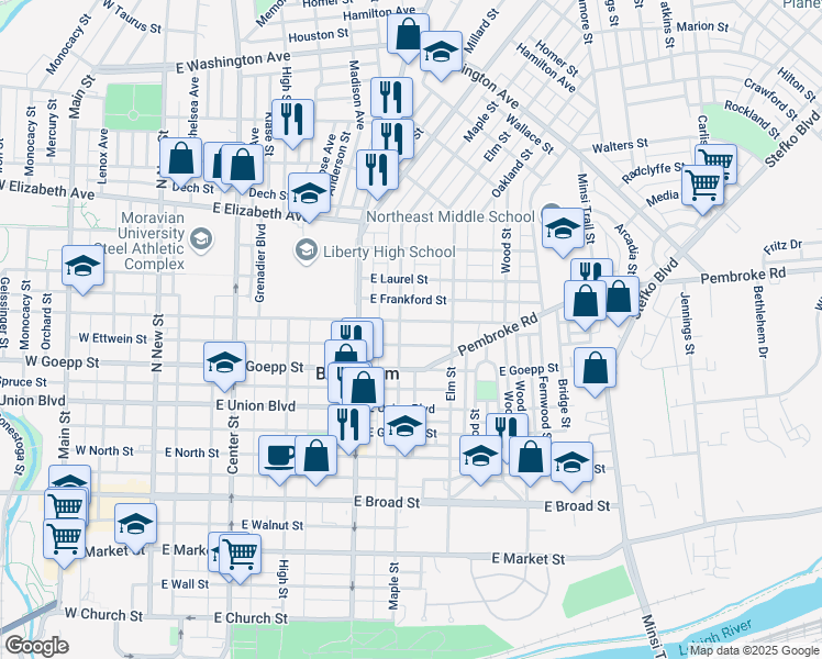 map of restaurants, bars, coffee shops, grocery stores, and more near 336 East Fairview Street in Bethlehem