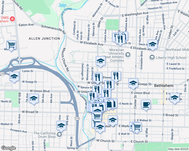 map of restaurants, bars, coffee shops, grocery stores, and more near 117 West Fairview Street in Bethlehem