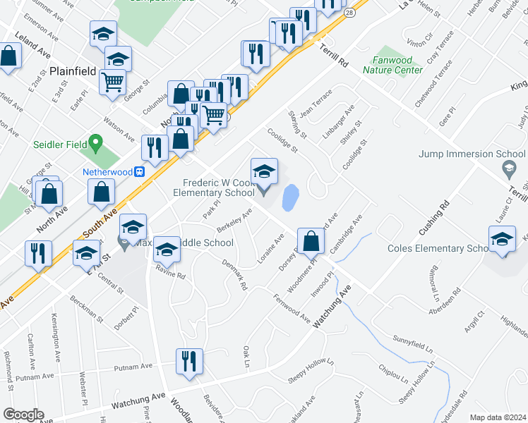 map of restaurants, bars, coffee shops, grocery stores, and more near 812 Leland Avenue in Plainfield