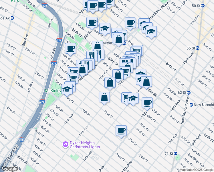 map of restaurants, bars, coffee shops, grocery stores, and more near 1055 68th Street in Brooklyn