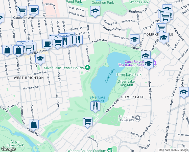 map of restaurants, bars, coffee shops, grocery stores, and more near Silver Lake Park Road in Staten Island