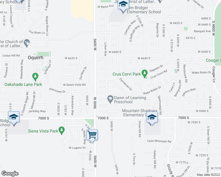 map of restaurants, bars, coffee shops, grocery stores, and more near 6822 Silverleaf Circle in West Jordan
