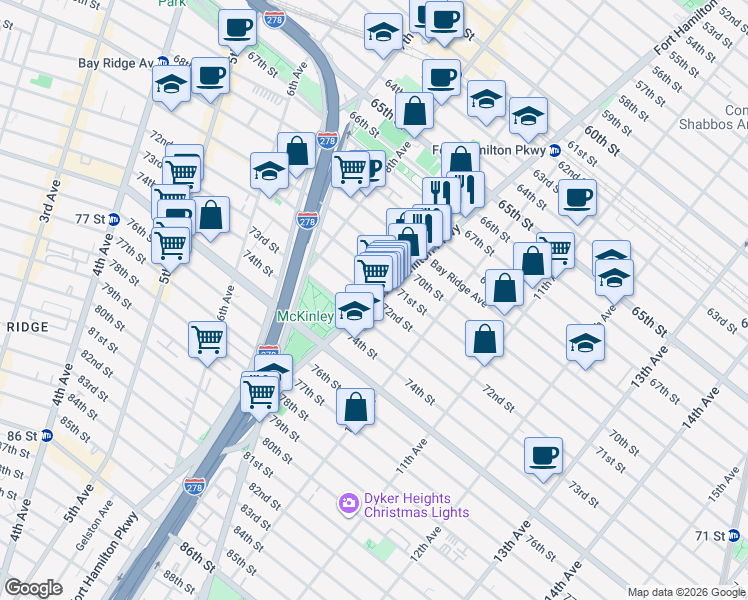 map of restaurants, bars, coffee shops, grocery stores, and more near Fort Hamilton Parkway & 72nd Street in Brooklyn