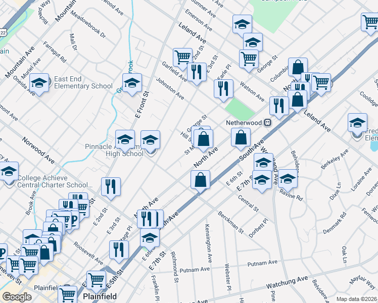 map of restaurants, bars, coffee shops, grocery stores, and more near 744 Saint Mary's Avenue in Plainfield