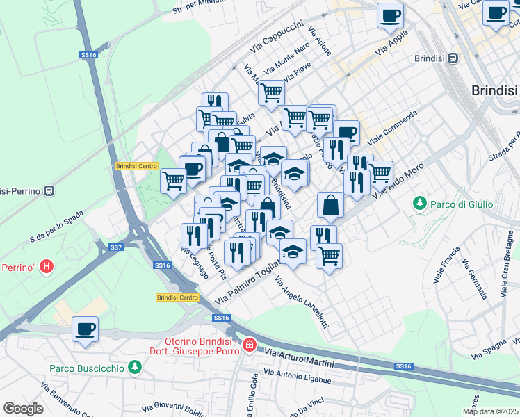 map of restaurants, bars, coffee shops, grocery stores, and more near Via San Giovanni Bosco in Brindisi