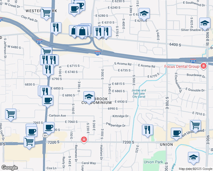 map of restaurants, bars, coffee shops, grocery stores, and more near 326 East 6815 South in Midvale