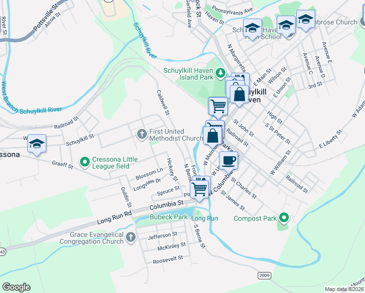 map of restaurants, bars, coffee shops, grocery stores, and more near 242 North Berne Street in Schuylkill Haven