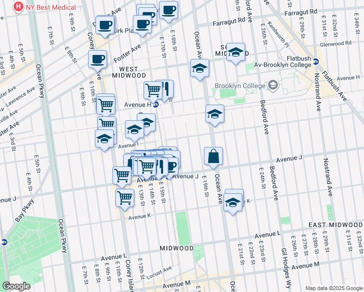 map of restaurants, bars, coffee shops, grocery stores, and more near New York City Transit Authorit in Brooklyn
