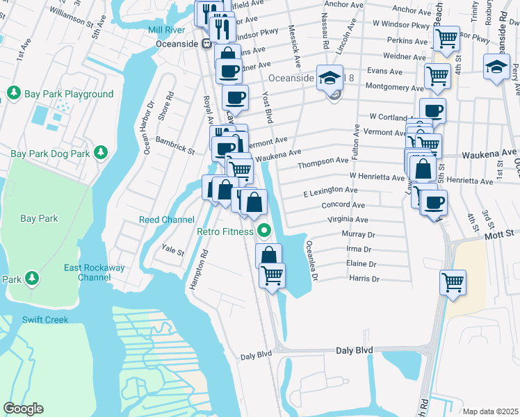 map of restaurants, bars, coffee shops, grocery stores, and more near 3401 Lawson Boulevard in Oceanside