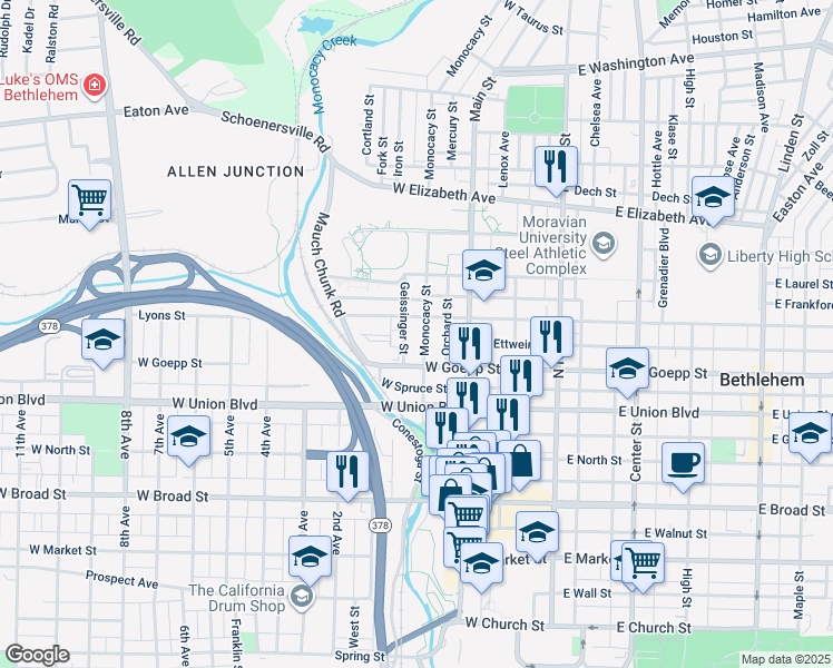 map of restaurants, bars, coffee shops, grocery stores, and more near 215 West Fairview Street in Bethlehem