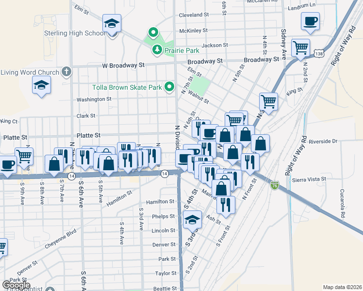 map of restaurants, bars, coffee shops, grocery stores, and more near 217 North Division Avenue in Sterling