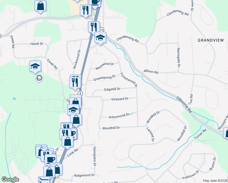 map of restaurants, bars, coffee shops, grocery stores, and more near 517 Edgehill Drive in Gibsonia