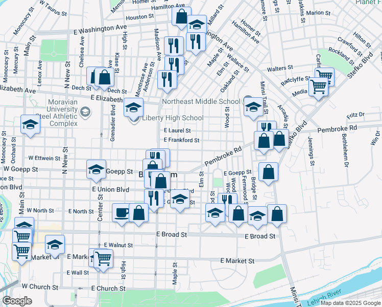 map of restaurants, bars, coffee shops, grocery stores, and more near 428 East Fairview Street in Bethlehem