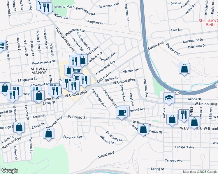 map of restaurants, bars, coffee shops, grocery stores, and more near 1949 West Union Boulevard in Bethlehem