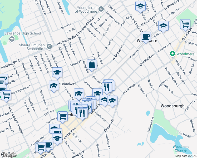 map of restaurants, bars, coffee shops, grocery stores, and more near 224 Prospect Avenue in Cedarhurst