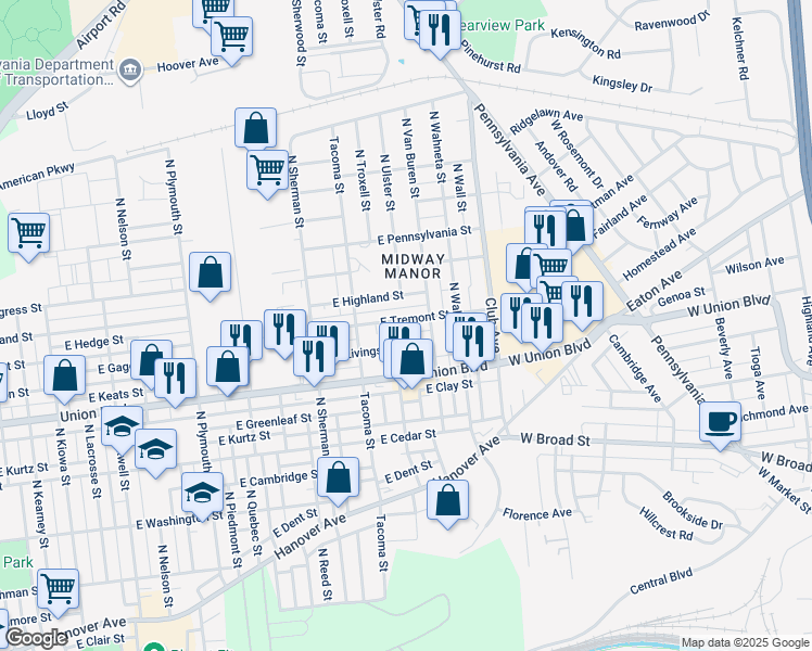 map of restaurants, bars, coffee shops, grocery stores, and more near 2114 East Tremont Street in Allentown