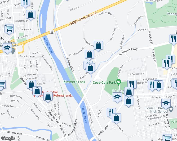 map of restaurants, bars, coffee shops, grocery stores, and more near 435 Allentown Drive in Allentown