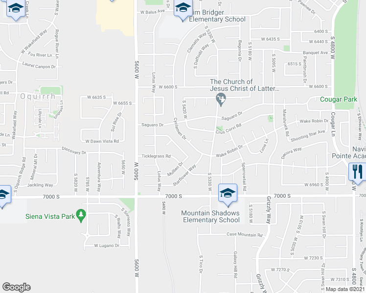 map of restaurants, bars, coffee shops, grocery stores, and more near 6812 Cyclamen Drive in West Jordan