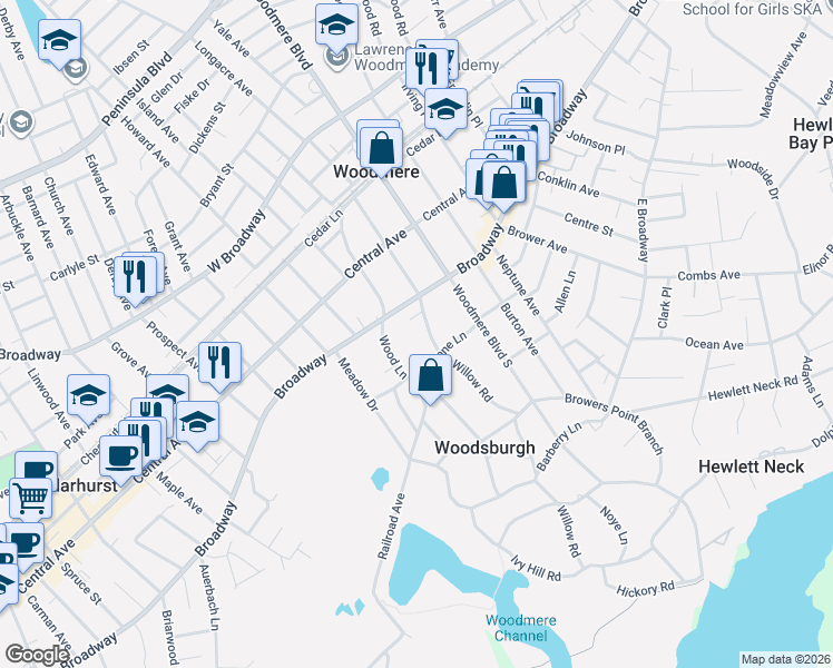 map of restaurants, bars, coffee shops, grocery stores, and more near 849 Lawn Place in Woodmere