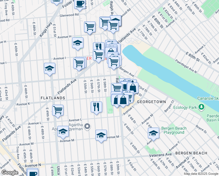 map of restaurants, bars, coffee shops, grocery stores, and more near 1109 East 58th Street in Brooklyn