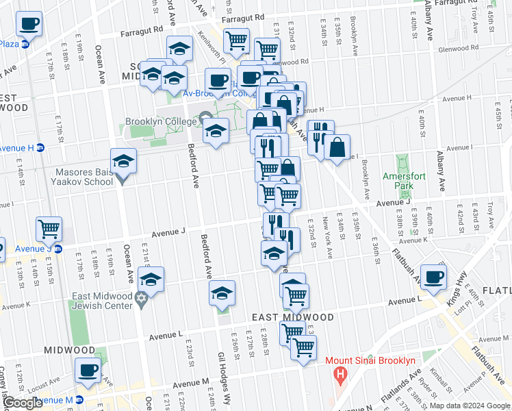 map of restaurants, bars, coffee shops, grocery stores, and more near 962 East 29th Street in Brooklyn