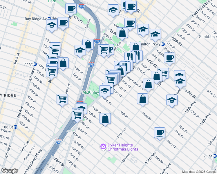 map of restaurants, bars, coffee shops, grocery stores, and more near 7122 Fort Hamilton Parkway in Brooklyn