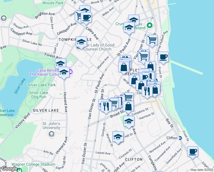map of restaurants, bars, coffee shops, grocery stores, and more near 462 Van Duzer Street in Staten Island