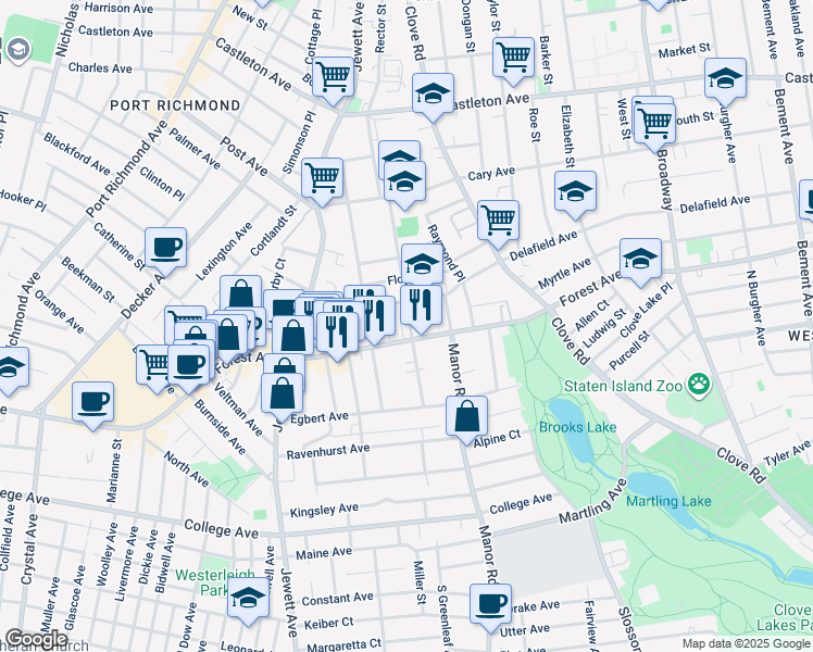 map of restaurants, bars, coffee shops, grocery stores, and more near 126 Greenleaf Avenue in Staten Island