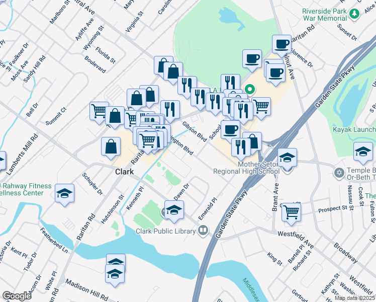 map of restaurants, bars, coffee shops, grocery stores, and more near 205 Lexington Boulevard in Clark