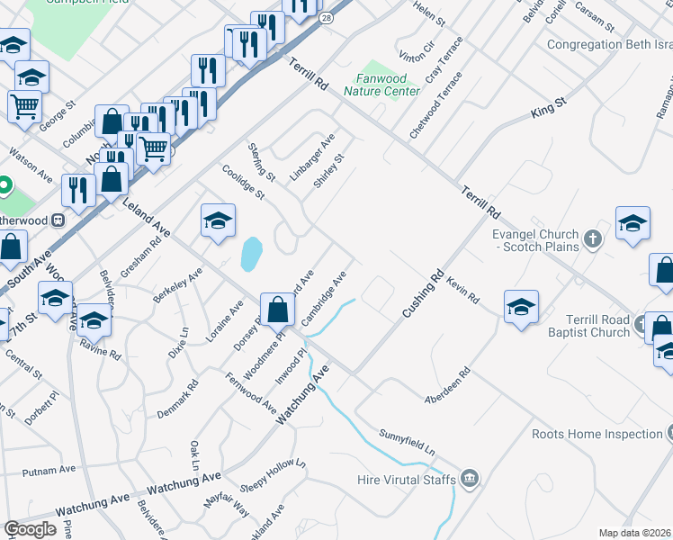 map of restaurants, bars, coffee shops, grocery stores, and more near 1286 Cambridge Avenue in Plainfield