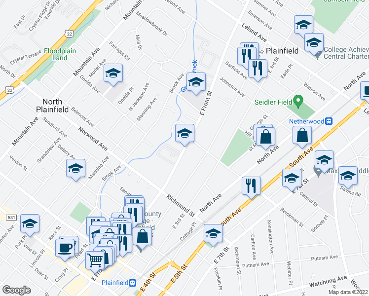 map of restaurants, bars, coffee shops, grocery stores, and more near 623 East Front Street in Plainfield