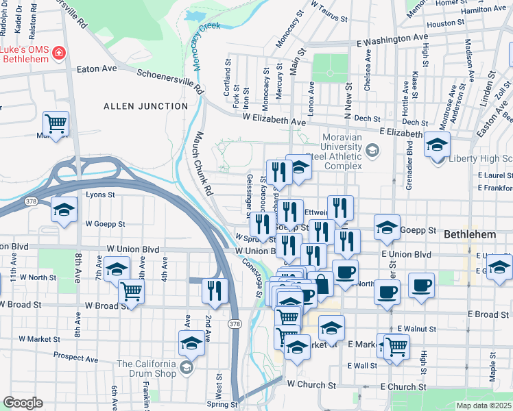 map of restaurants, bars, coffee shops, grocery stores, and more near 215 West Fairview Street in Bethlehem