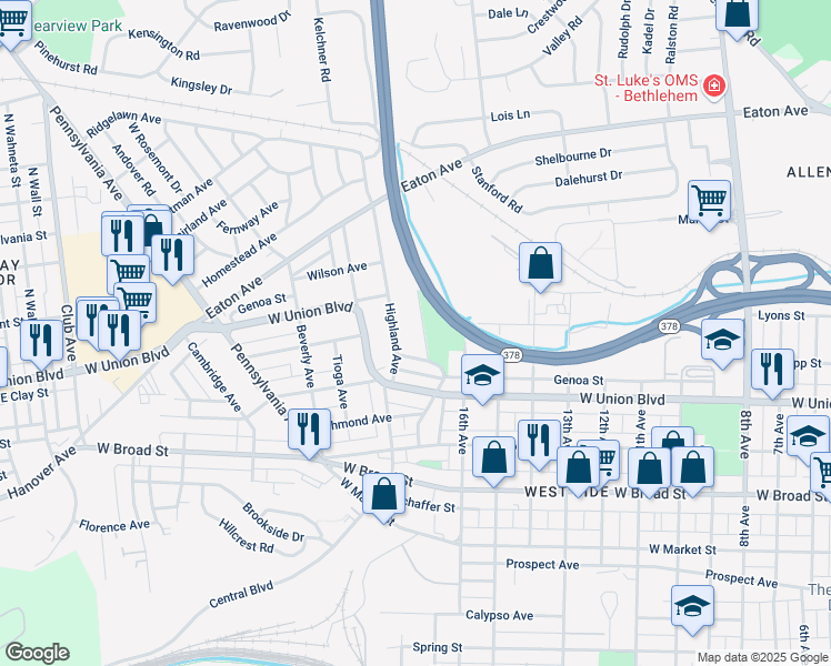 map of restaurants, bars, coffee shops, grocery stores, and more near 931 Stratford Street in Bethlehem