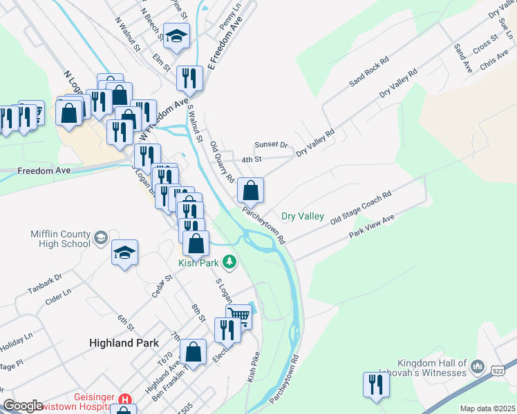 map of restaurants, bars, coffee shops, grocery stores, and more near 100-184 Orchard Grove Ave in Lewistown