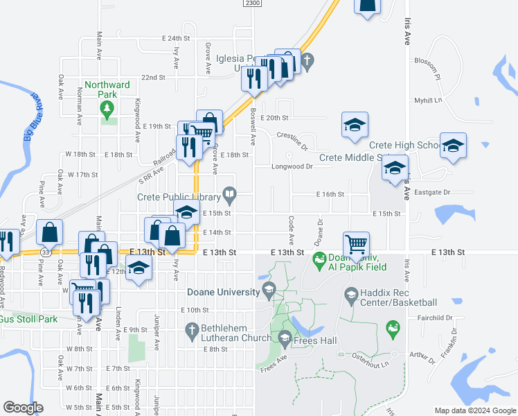 map of restaurants, bars, coffee shops, grocery stores, and more near 1513 Cherrywood Drive in Crete