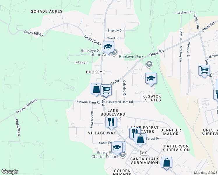 map of restaurants, bars, coffee shops, grocery stores, and more near 3375 Oasis Road in Redding