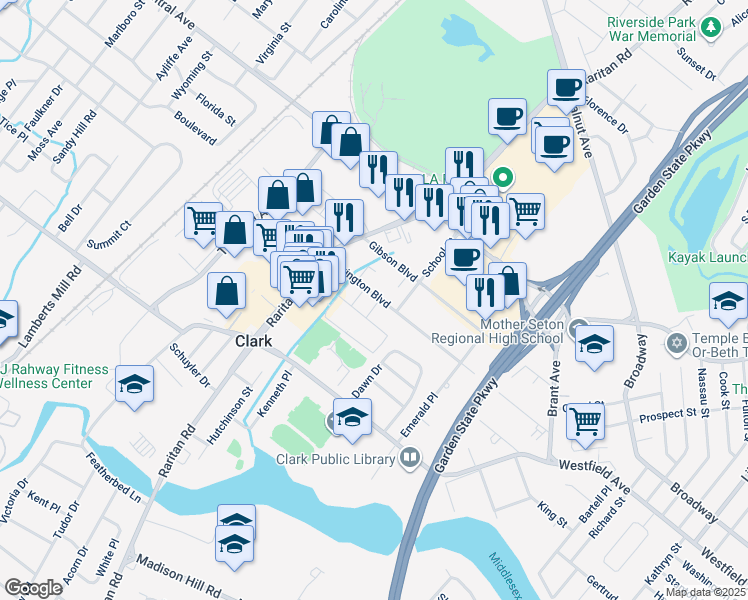 map of restaurants, bars, coffee shops, grocery stores, and more near 205 Lexington Boulevard in Clark