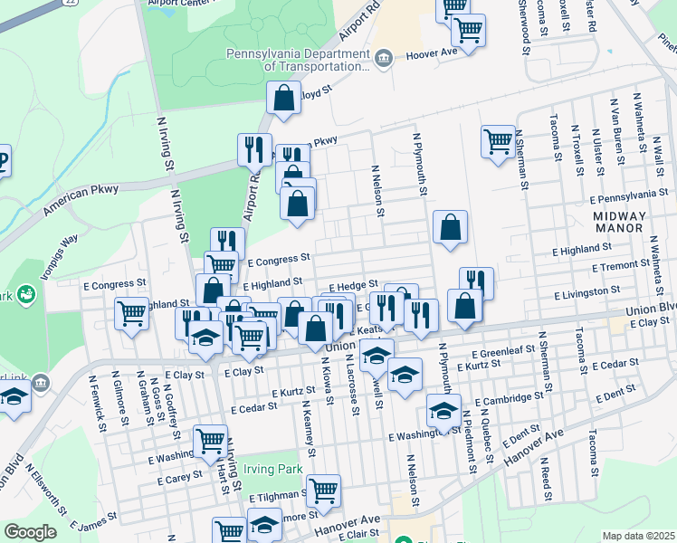 map of restaurants, bars, coffee shops, grocery stores, and more near 1157 East Highland Street in Allentown
